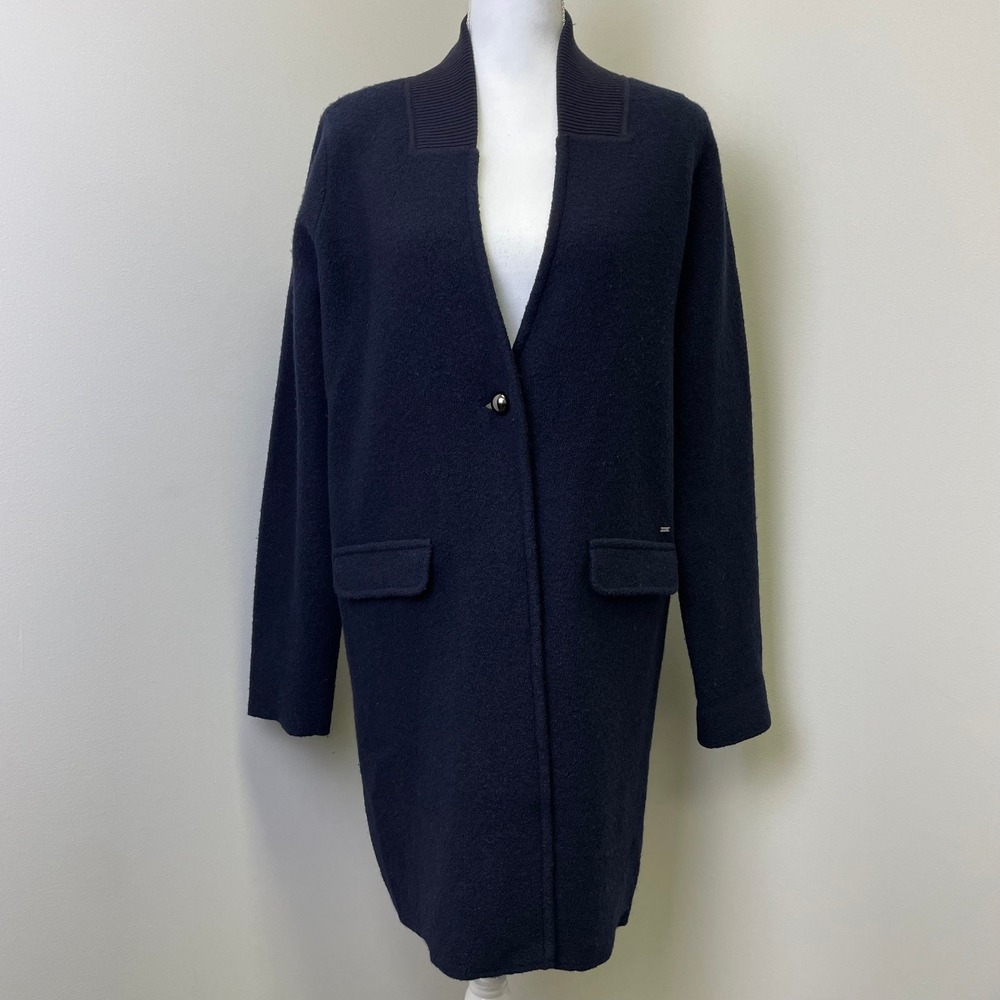 Armani Jeans Womens Wool Blend Longline Coat Jacket L Single Button Navy Blue